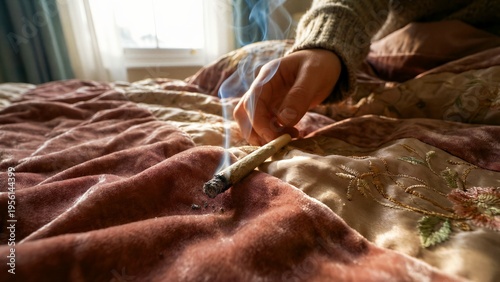 A person's hand, partially obscured by a cozy knitted sweater, carefully holds a lit cannabis joint, from which a graceful plume of smoke rises, creating a serene and relaxed atmosphere as it rests