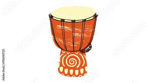 A vibrant orange djembe drum with a unique spiral design