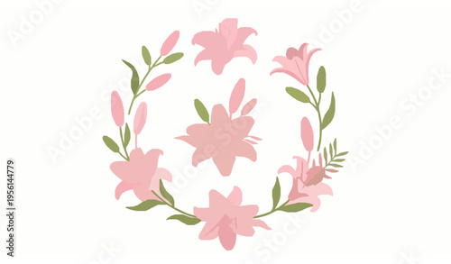 Royal pink lilies vector set floral branches buds and leaves botanical illustration