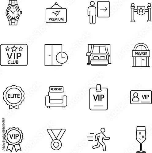 A collection of sixteen black and white thin line icons representing premium vip membership services