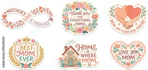 Beautiful collection of Mother's Day themed stickers with heartwarming quotes and illustrations