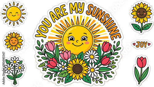 Cheerful collection of cartoon sun and flower stickers, depicting radiant smiles and blooming petals in a playful, uplifting vector art style