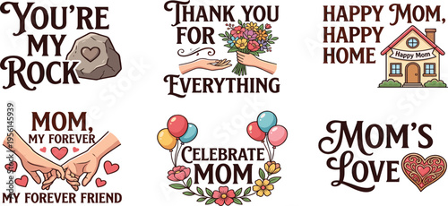 A heartwarming ensemble of illustrative artwork dedicated to honoring the strength, love, and friendship of mothers, perfect for expressing appreciation and celebrating their special role