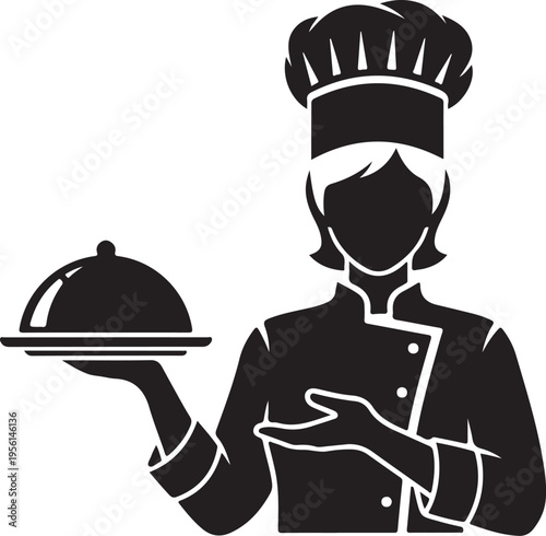 Professional chef presenting a covered dish with both hands silhouette vector icon