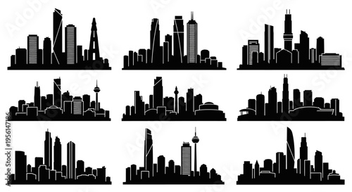 Cityscape Silhouettes: Collection of Modern Urban Skylines in Black and White