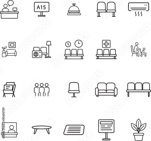 A collection of minimalist black and white line icons representing various waiting room furniture
