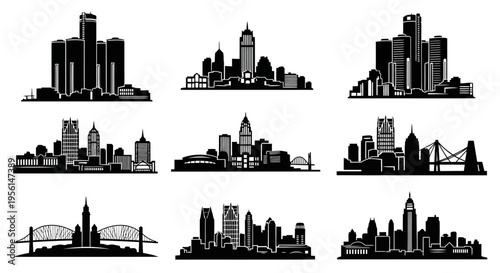 Cityscape Silhouettes Collection: Modern Skyline Icons, Urban Architecture, Vector Graphics