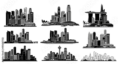 Cityscape Silhouettes Collection: Modern Skylines and Urban Architecture