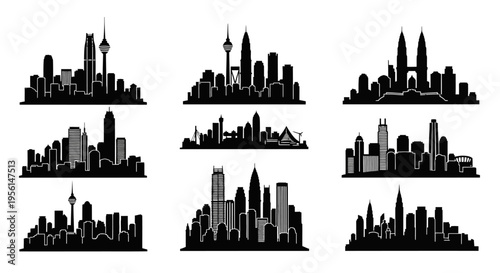 Cityscape Silhouettes Collection: Modern Skyscrapers and Urban Skylines in Black and White