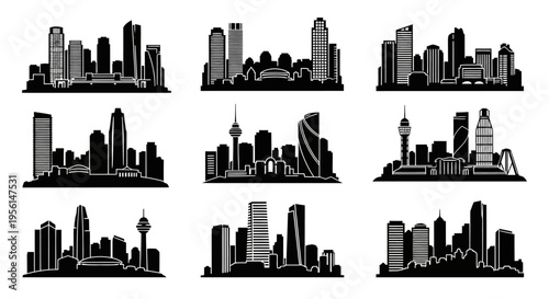 Cityscape Silhouettes Collection: Modern Skyscrapers and Urban Skylines