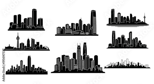 Cityscape Silhouettes Collection: Modern Skyscrapers and Urban Skylines