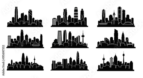 Cityscape Silhouettes Collection: Modern Urban Skylines in Black and White