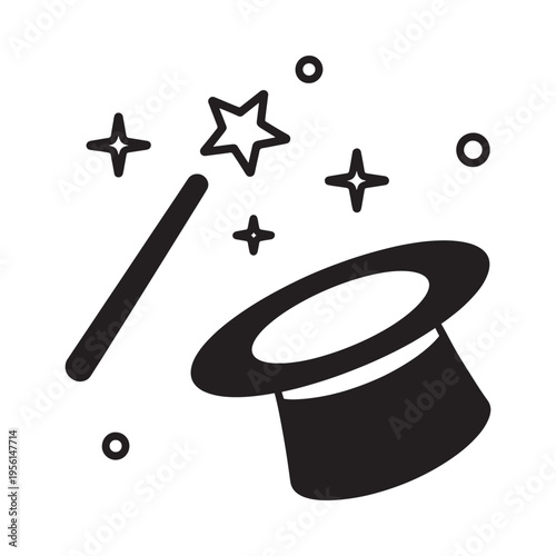A black outline of a magician s hat wand and sparkling stars