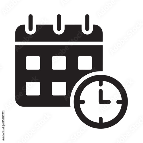 A simple black icon depicting a calendar and clock representing time