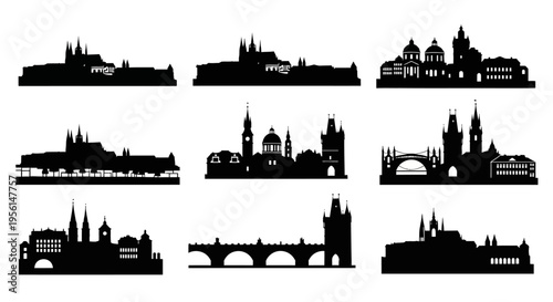 Cityscape Silhouettes: Collection of Famous European Landmarks and Architectural Styles