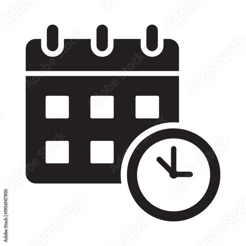 A black and white icon depicting a calendar and a clock together