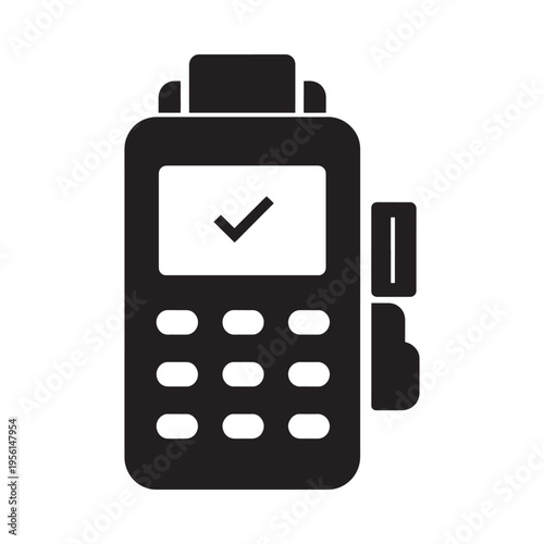 A black silhouette of a portable point of sale terminal with a checkmark