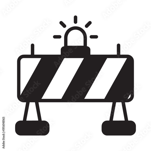 A simple black and white illustration of a road barrier with a warning light
