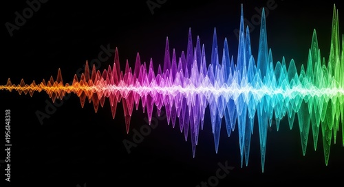 Dynamic geometric waves representing unseen data flow and rhythmic energy. Abstract visualization of complex digital frequency patterns and oscillation, temporal, electric, modulation