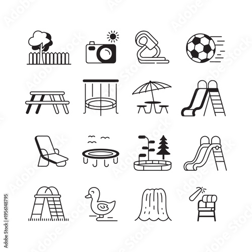 Collection of simple black line icons representing various playground and park elements