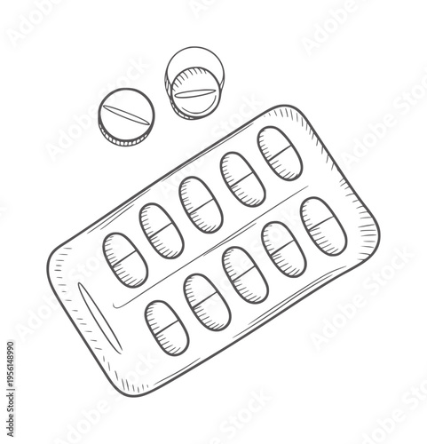 Black and white line of a blister pack with pills and loose pills