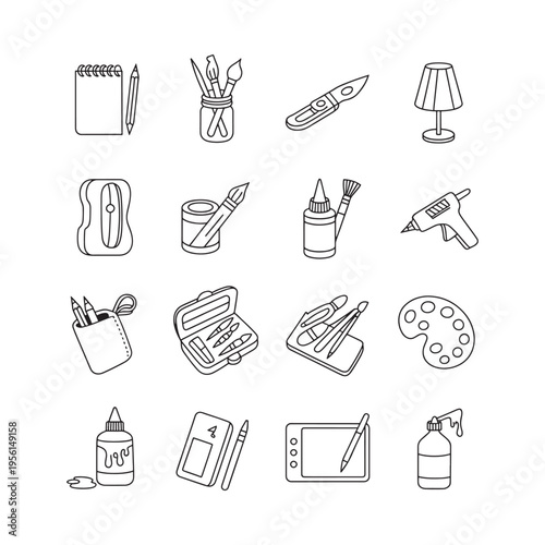 A collection of art supplies and tools depicted in simple black line drawings
