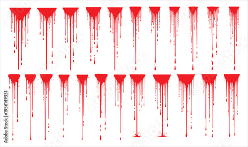 Abstract art with red drips on white background with brown lines.