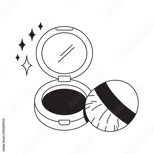 Black and white illustration of a powder compact and puff applicator