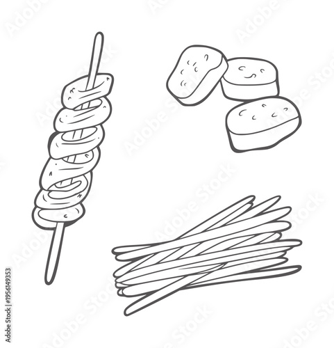 Black and white line of food a white skewer