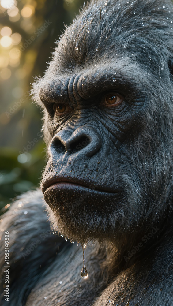 Fototapeta premium Powerful Gorilla Portrait in the Jungle with Water Droplets