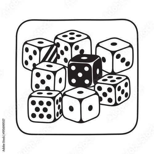 A pile of black and white sketched dice are randomly stacked together