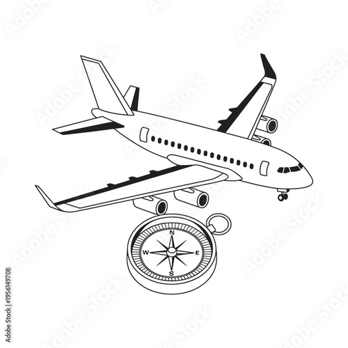 A black and white illustration depicts an airplane and a navigational compass