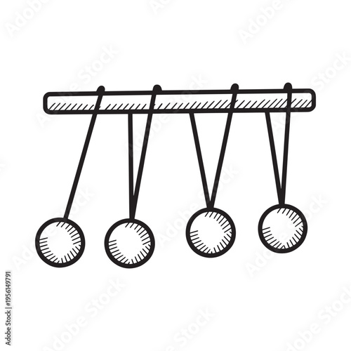 A black and white doodle illustration of a newton s cradle in motion