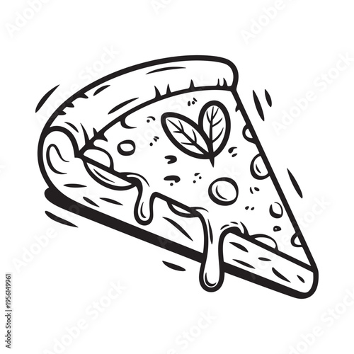 A single slice of pizza with melted cheese and basil is illustrated