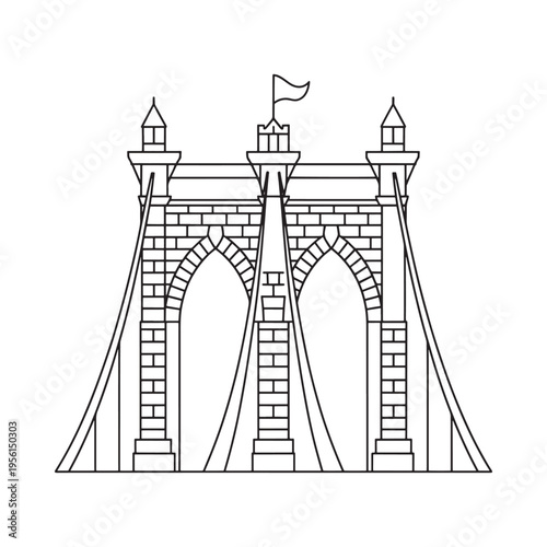 Linear illustration of a castle gateway with arched entrances and a flag