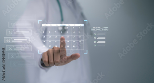 Canvas Print Doctor hand touching digital calendar interface with checklist for appointment s