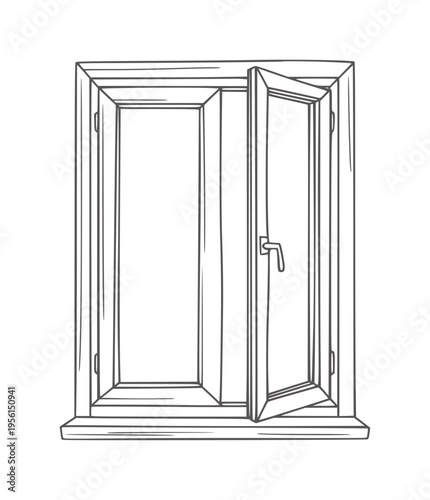 Simple black and white line of an open window with a sill