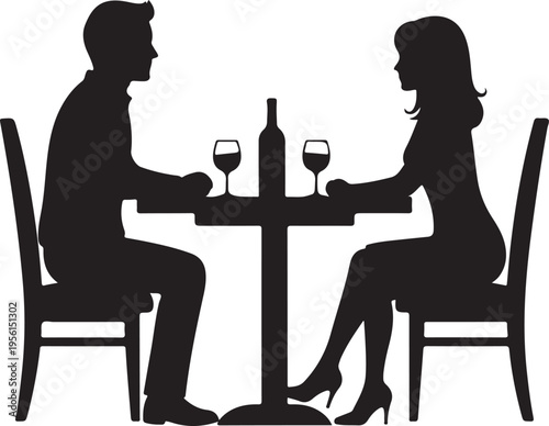 A couple enjoying a romantic dinner at a cozy outdoor café setting. silhouette vector icon