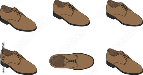 Technical fashion sketch of men's formal brown leather dress shoes featuring perspective and top view for footwear design.
