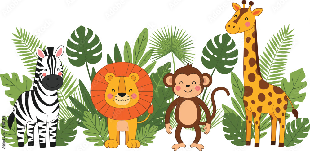 Obraz premium Cute Animal Group with Zebra, Lion, Monkey, and Giraffe in Jungle Setting Illustration