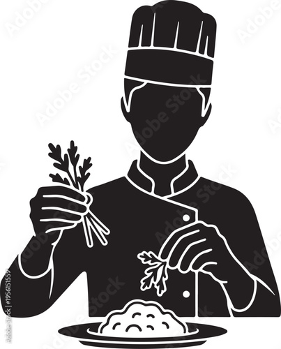 Chef preparing a dish with fresh herbs in a professional kitchen setting silhouette vector icon