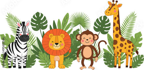 Photography Cute Animal Group with Zebra, Lion, Monkey, and Giraffe in Jungle Setting Illust