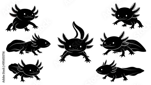 Collection of charming black axolotl silhouettes in diverse poses, showcasing the unique aquatic creature's appeal