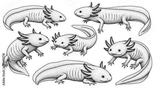 Charming Amphibian Set Hand-Drawn Black and White Axolotl Illustrations in Various Playful Poses