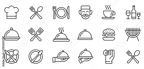 food icons set, collection vector black outline logo for mobile apps web or site design, minimal line style symbols for restaurant menu ui ux interface, clean modern monochrome icon