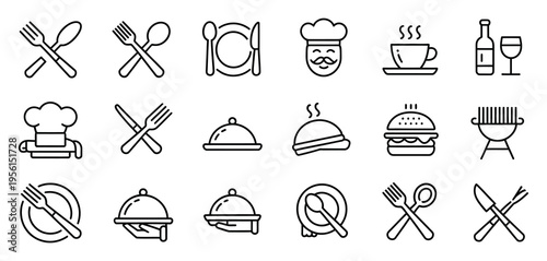 food icons set, collection vector black outline logo for mobile apps web or site design, minimal line style symbols for restaurant menu ui ux interface, clean modern monochrome icon