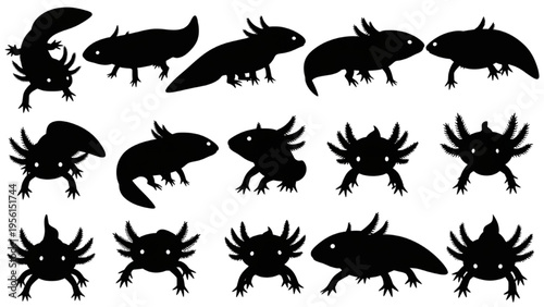 Diverse collection of adorable axolotl silhouettes in various poses, ideal for vector designs and aquatic pet themes