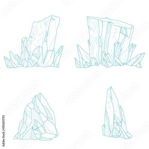 Iceberg, simple line drawing, hand-drawn sketch. Vector illustration. Set of ice blocks, isolated on a white background. Not AI