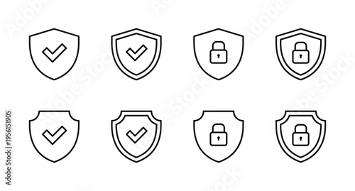 shield security icon set. safety, protection symbols. security icon with check mark and lock sign. outline icons Vector illustration