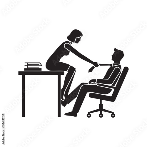 Vector pictogram of workplace romance or sexual harassment with woman sitting on office desk pulling man by the tie
